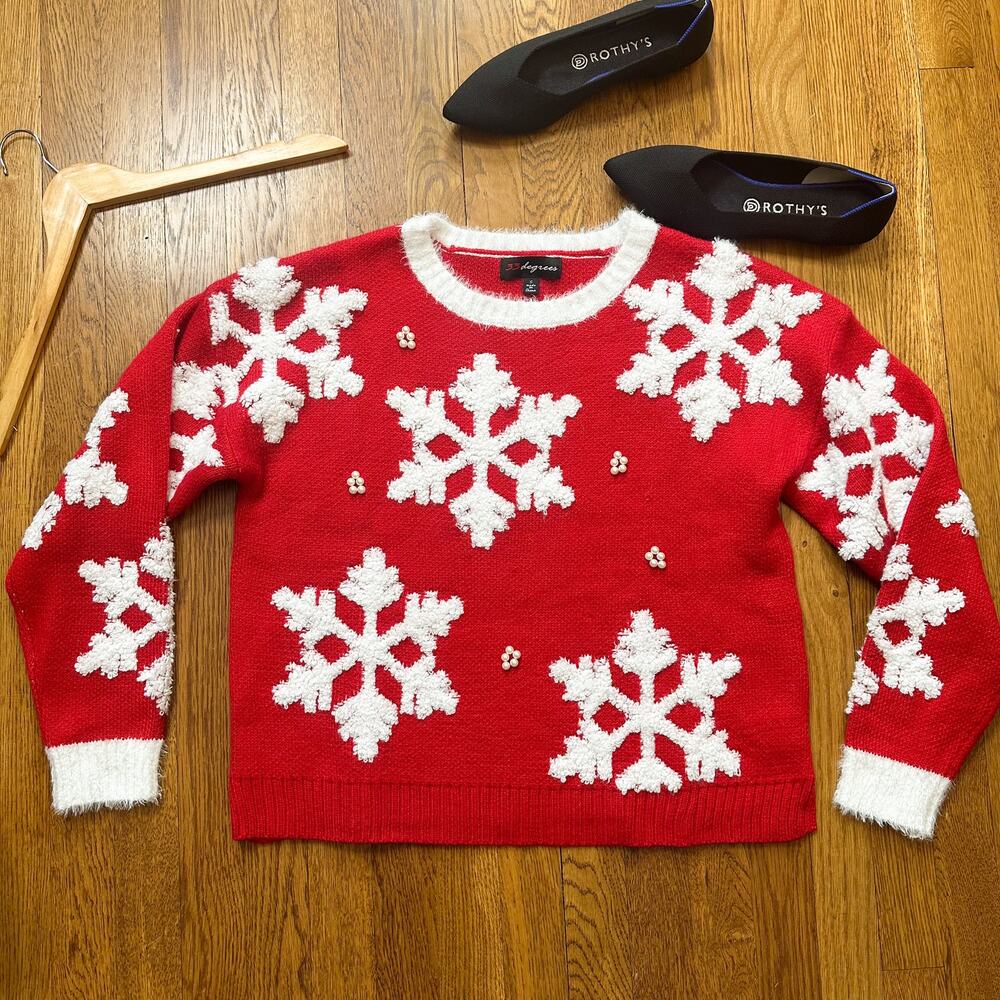32 Degrees Red & White Snowflake Christmas Beaded Sweater